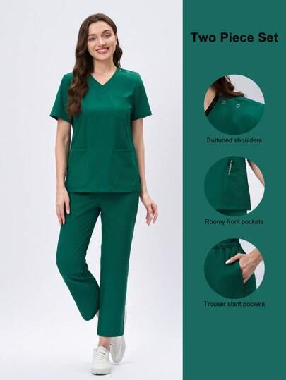 Scrubzie 2 piezas Pijama médico de unicolor con bolsillo y pantalón, uniforme/ropa de enfermería