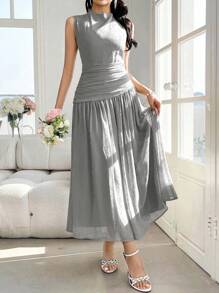 Modelyn 女士设计感无袖褶皱立领连衣裙 - 灰色 - 查看 1