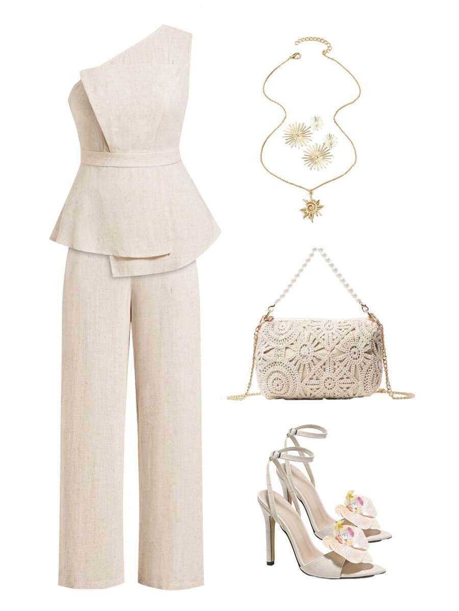 SHEIN Clasi Set di pantaloni lunghi e top in colore kaki con vita arricciata e spalla asimmetrica, elegante, per vacanze, primavera/estate - Albicocca - Visualizzare 1