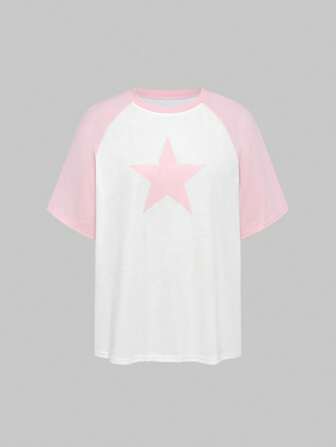 Grunge Punk Loose Casual Raglan Sleeve Colorblock Star T-Shirt For Women