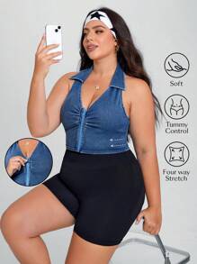 SHEIN Essnce Plus Size Women Summer Elastic Casual Denim Jacket - Blue - View 1