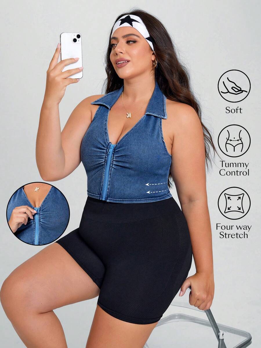 SHEIN Essnce Plus Size Women Summer Elastic Casual Denim Jacket - Blue - View 1