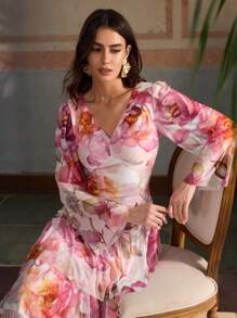 ZEYLAH Elegant V-Neck Ruched Waist Long Sleeve Dress With Print