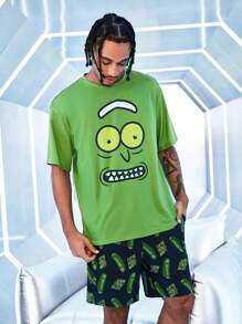Rick and Morty X SHEIN Conjunto de pijama de camiseta de manga corta de corte holgado con estampado gráfico de dibujos animados divertidos y pantalones cortos para hombre para el verano
