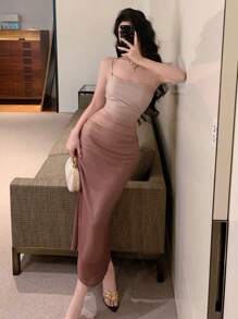 DAZY 女士渐变色褶饰修身优雅长款吊带裙舞会礼服 - 卡其色 - 查看 2