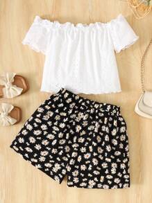 Leap Crew Conjunto de 2 piezas para vacaciones para niña preadolescente, con blusa de punto con hombros descubiertos y estampado jacquard, y pantalones cortos holgados de tejido floral tipo "ditsy" - Blanco y Negro - Ver 1
