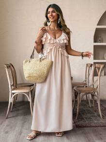 EMERY ROSE 大码女式纯色吊带荷叶边宽松摆优雅浪漫连衣裙，夏季