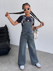 Tween Girls Y2K Fashionable Casual Versatile Solid Color Retro Washed Suspender Pants Casual Wide Leg Jumpsuit Sleeveless Denim Overalls Romper Without Tee,Girls Spring Summer Break Outfits, Summer Concert Rave Festival Baggy Shorts Streetwear Outfits,Back To School Outfits