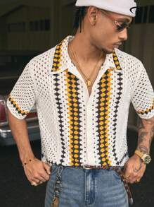 AXEPEAK Geometric Print Hollow Out Single-Breasted Knit Polo Shirt For Men, Summer, Streetwear Ready - Multicolor - View 4