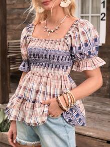 LanaWest 女款泡泡袖上衣，腰部收褶，下摆荷叶边 - 彩色 - 查看 4