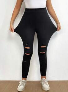 SHEIN Tall Plus Size Solid Color Ripped Elastic Waist Casual Pants - Black - View 2