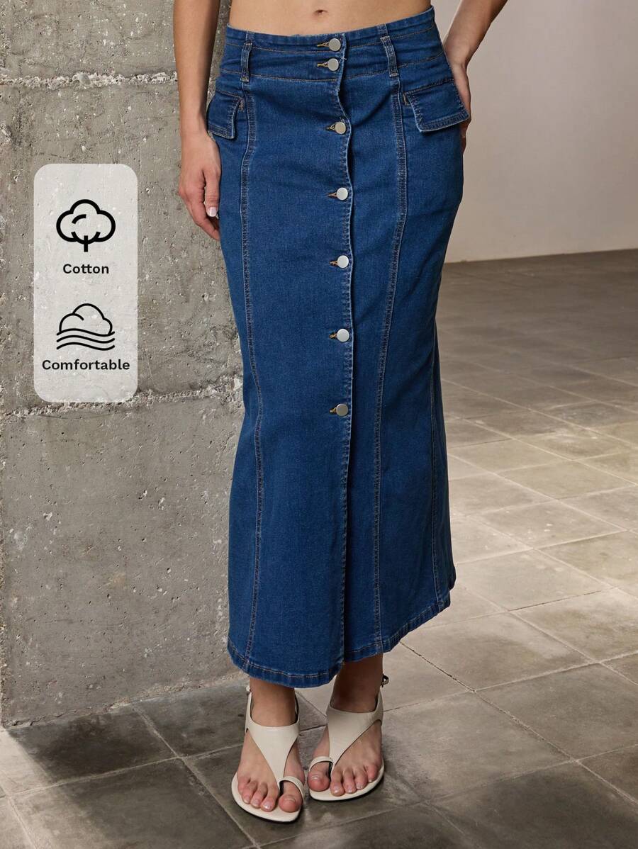Nöista Damen Jeans-Rock, lässig, locker, seitlicher Schlitz, blaue Midi-Länge Rock, langer Damen-Rock, dunkelblauer Rock, Sommer-Damenkleidung mit Knopfdetails - Blau - Übersicht 1