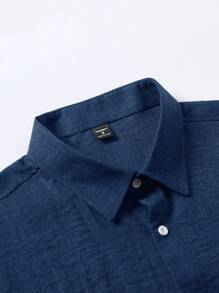 Manfinity Homme 男士休闲蓝色短袖纽扣衬衫 - 藏蓝色 - 查看 4