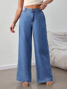 SHEIN Tall Jeans de pierna acampanada de ajuste holgado para mujeres, azul