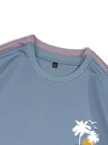 Manfinity Homme 2pcs Men's Casual Letter & Palm Tree Print Round Neck Short Sleeve T-Shirt, Summer - Multicolor - View 6