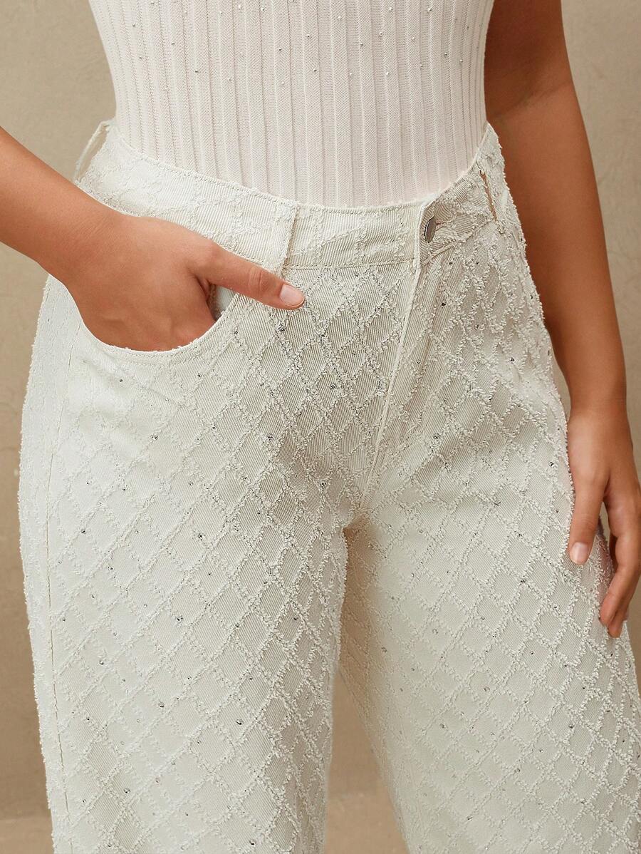 Anewsta Women's Elegant Modern Plaid Textured Sequin Embellished Pants - Apricot - View 1