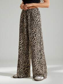 SHEIN Tall Leopard Print Women's Wide Leg Trousers Cheetah Print, Leopard Pants Fall Women Clothes - Brown - View 4
