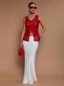 COSMINA Women Solid Color Hollow Out Lace-Up Camisole Top - Red - View 3
