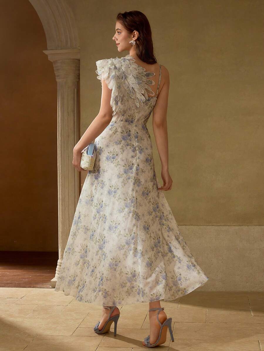 MOTF PREMIUM 满幅花卉印花贴花不对称肩部长裙 - 彩色 - 查看 1