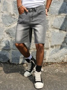 Manfinity EMRG Quần short denim họa tiết đính đá cho nam, viền tua rua, phong cách Emo, dạo phố nhiệt đới - Xám - Xem 5