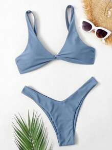 Swim Basics Summer Beach Twist Front High Cut Bikini Set