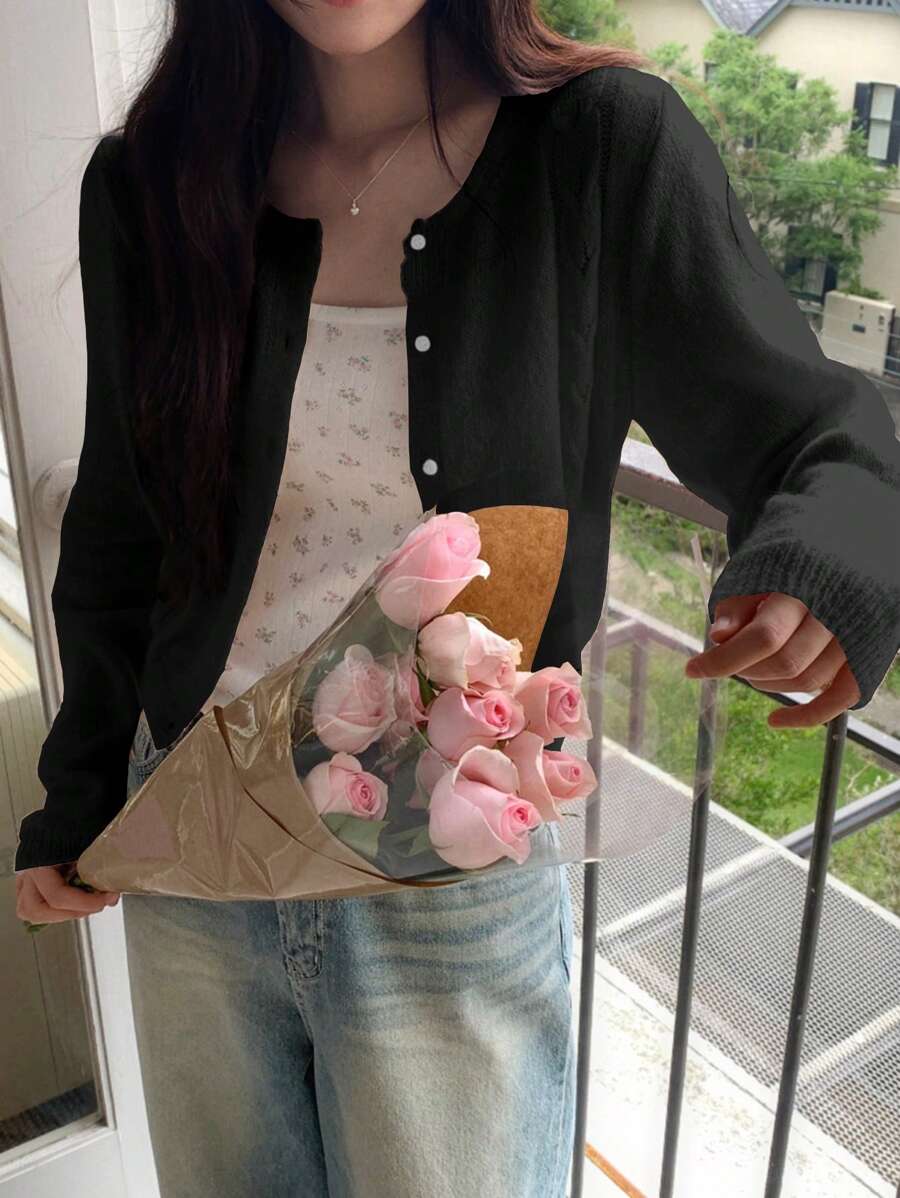 DAZY Áo khoác cardigan mỏng nhẹ đơn giản, phong cách nữ tính - màu đen - Xem 1