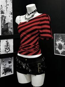 EgrlEra 街头服饰女款时尚拼色条纹单肩链条短袖T恤 - 紅色 - 查看 3