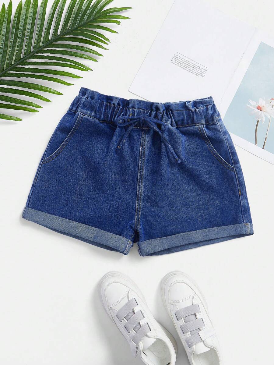 SHEIN Solid Color Knotted Paper Bag Waist Pocket Summer Casual Denim Shorts - Dark Wash - View 1