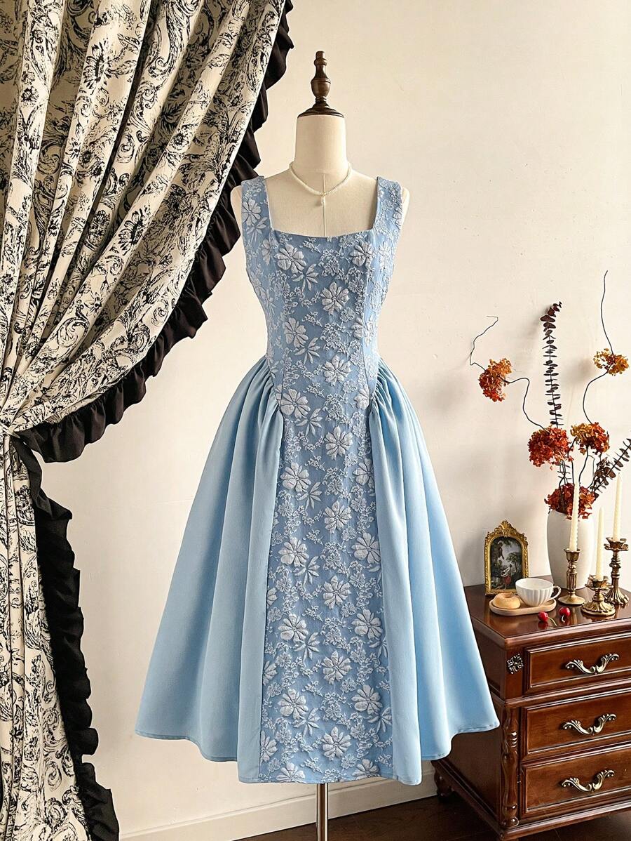 Vintamour Vintage Elegant Women's Tank Dress, Jacquard Patchwork Flared Dress Spring/Summer Fitted Dress, White Dress Wedding Guest Dress Women Summer Dresses For Women Holiday Outfits Graduation Dress Festival Outfits Women Birthday Dresses For Women Business Casual Woman Teacher Outfits For Women - Baby Blue - View 1