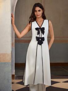 ZEYLAH Kontrastfarbige Blockbogen-Dekor Seitenschlitz Extra Lange Bluse Top, Sommer