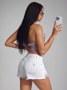 SHEIN ICON 女式中腰蝴蝶刺绣做旧流苏下摆牛仔短裤