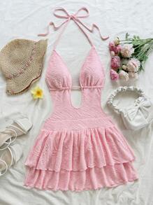 Soleia 女式复古扎染印花深 V 领露背系带迷你连衣裙，双荷叶边下摆，适合派对、性感约会、下午茶、城市/海滩度假、音乐节、夏季 - 黃色 - 查看 4