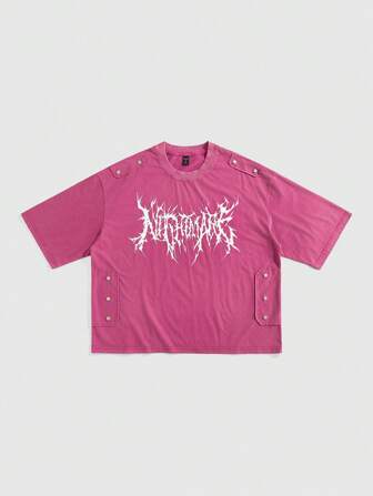 Street Life Camiseta corta suelta con estampado gótico y remaches lavada para hombre, Halloween