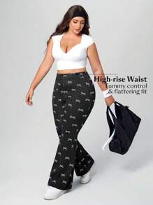 SHEIN Essnce Plus Size Women Knitted Denim Stretch Bow Print Flared Skinny Pants - Black - View 4