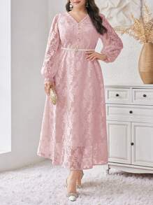 Modelyn Plus Size Women's Solid Color Simple Daily Lace Decorated Dress,Elegant Evening Party Dress Long Evening Dresses - Dusty Pink - View 5