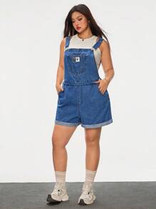 SHEIN EZwear Quần yếm denim rộng rãi in chữ có túi cỡ lớn cho nữ - Màu xanh lam - Xem 5