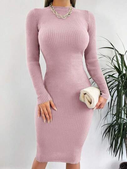 Solid Color Mock Neck Fitted Elegant Long Sleeve Sweater Dress