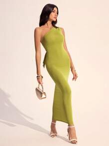 SHEIN Tall Elegant Vacation Sexy Slit Backless Ruched Green Maxi Dress With Tie, Suitable For Valentine's Day, Wedding Season, St. Patrick's Day, Spring/Summer,Pastel Dresses For Women Concert Rave Outfit Women