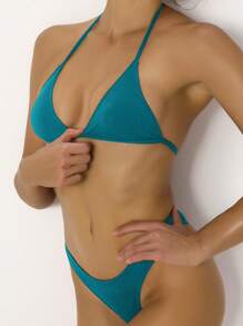 SHEIN Swim Women's Summer Beach Solid Color Halter Tie Sexy Bikini Swimwear Set - Teal Blue - View 3