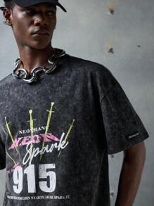 NEON BLANC Men's Street-Style Fitted Letter Print Knit Crew Neck T-Shirt, Suitable For Summer - Black - View 5