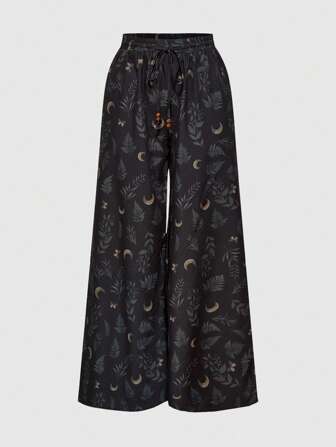 Pantalon ample à jambes larges avec imprimé tout-sur-tout de petites étoiles vintage et de plantes, pour femmes