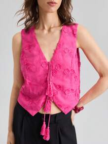 Ontre 2025 New Bowknot Strap Top, Vacation Style 3D Floral Fabric White Front Tie Wheat Decoration Women's Top, Women's Top, Spring Clothing - Hot Pink - View 4