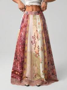 SHEIN X Scot Louie SHEIN ICON 女式复古拼布印花A字下摆休闲蕾丝拼布长裙 - 彩色 - 查看 4