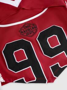 ROMWE Avant 女式性感瑜伽芭蕾女孩蕾丝拼布数字刺绣紧身T恤 - 紅色 - 查看 3