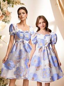 Women's Blue Floral Print Casual Long Dress With Short Sleeves - Blue - View 7