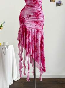 Soleia 女士粉色花卉网眼荷叶边系带连衣裙，浪漫假期/约会/下午茶/海滩度假/音乐节，波西米亚风 - 玫紅色 - 查看 6