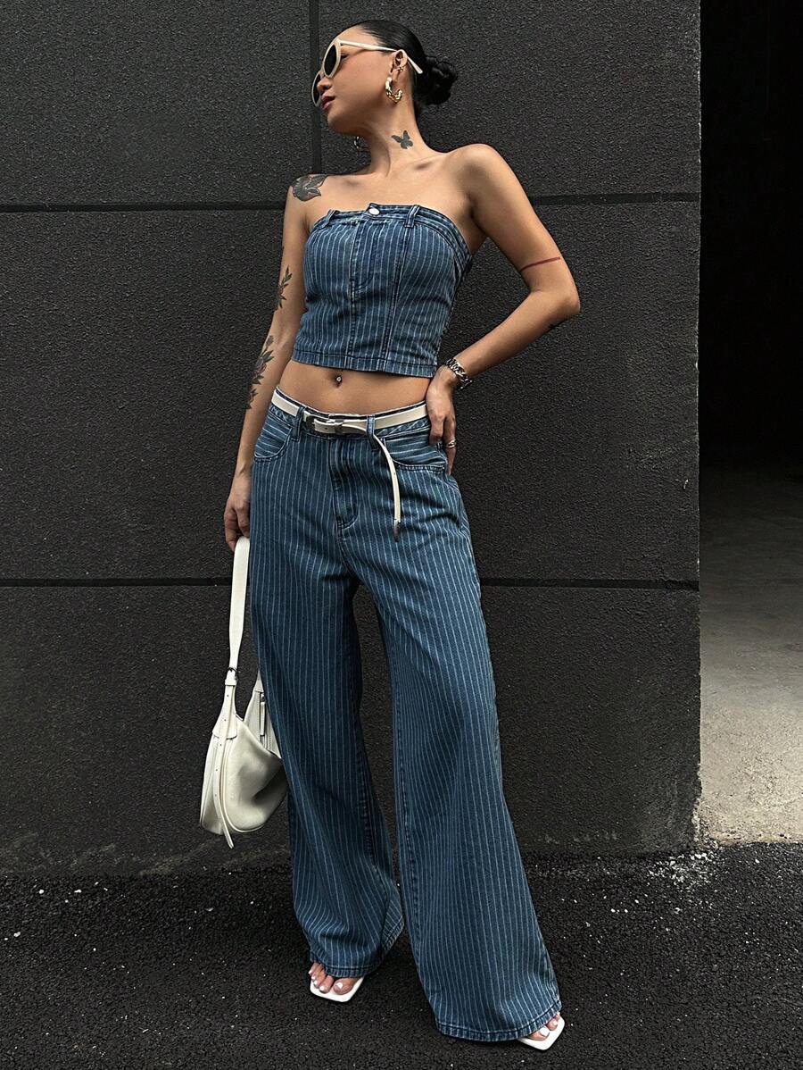 DAZY 2pcs/Set Women Summer Stripe Bandeau Top And Loose Wide Leg Jeans, Casual Denim Outfit