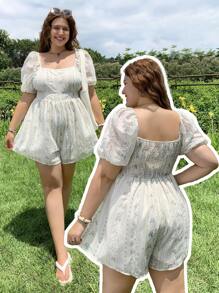 SHEIN EZwear 大码度假休闲提花梭织连体裤，浅蓝色 - 白色 - 查看 7