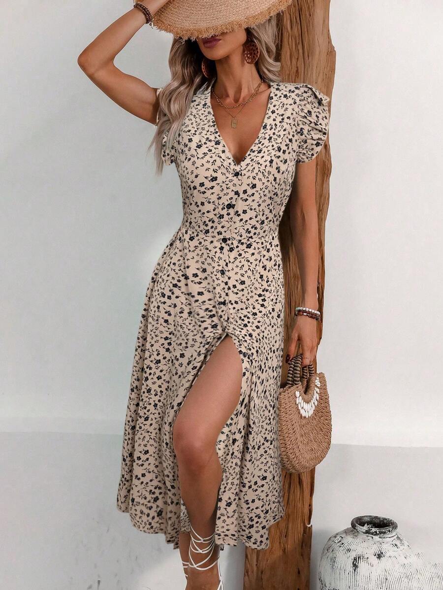 Breezaya Women's Ditsy Floral Sleeveless Button-Up Dress With Ruffle Hem Decoration, Spring & Summer - Apricot - View 1