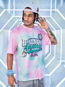 Rick and Morty X SHEIN Tie-Dye And Letter Graphic Round Neck Short Sleeve T-Shirt, Summer